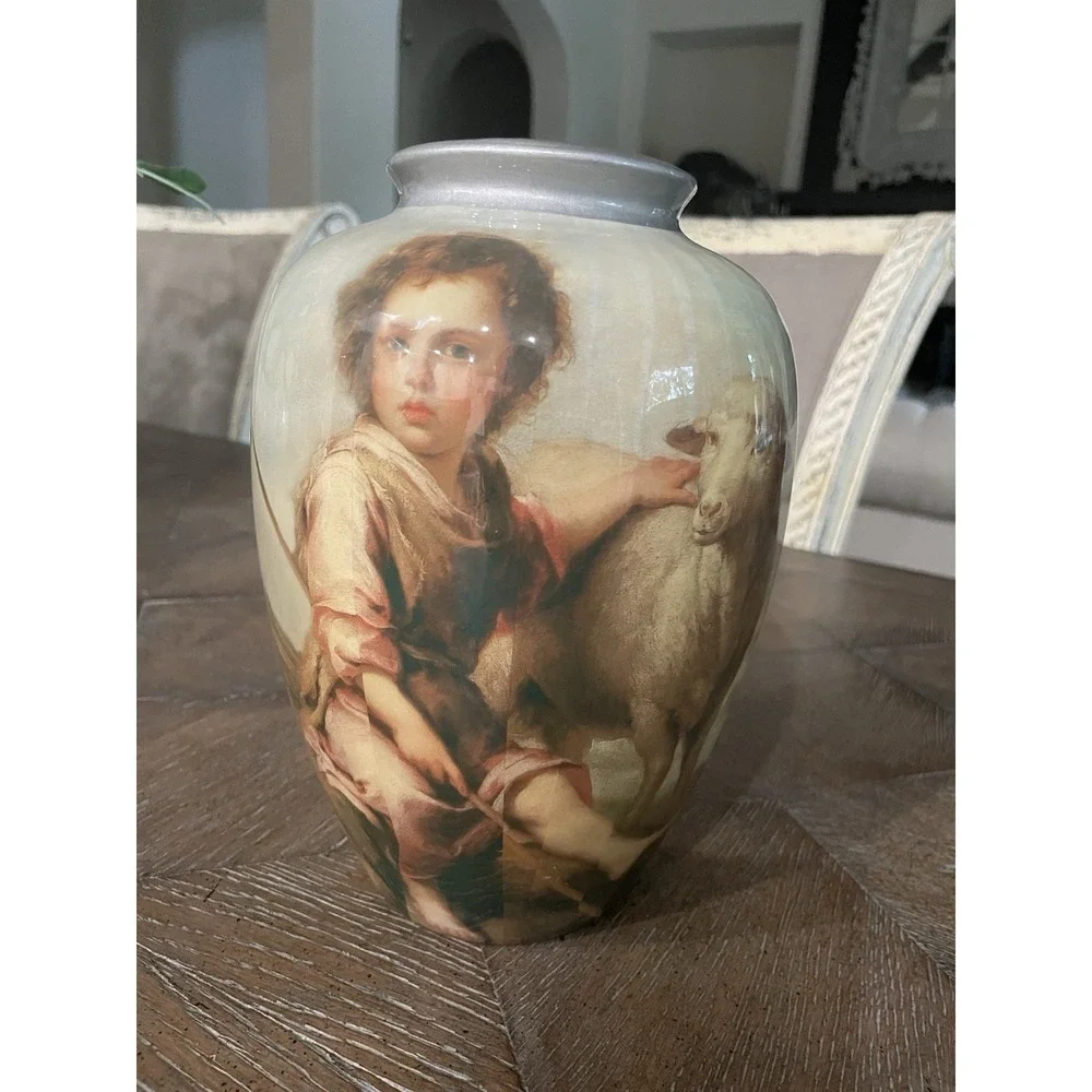 Vintage Decopauge French Style Shepherd Boy & Sheep Urn Vase 8.5